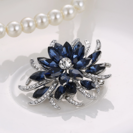 Deep Blue Crystal Flower Brooch Pin