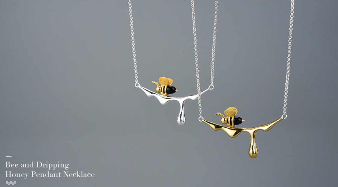 Silver Necklace and Gold Bee Dripping Honey Pendant