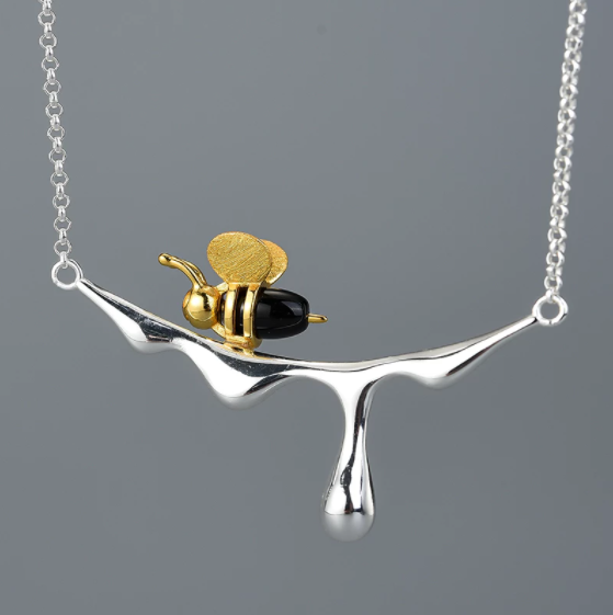 18K Gold Bee and Dripping Honey Pendant Necklace